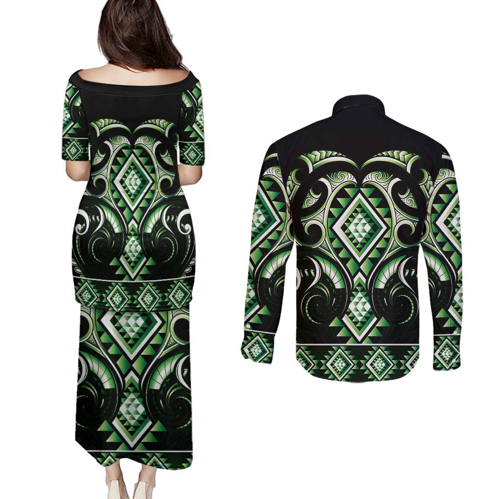 Green Ngaru Taniko With Aotearoa Maori Tattoo Couples Matching Puletasi and Long Sleeve Button Shirt LT14 - Polynesian Pride