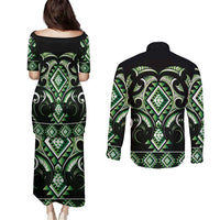 Green Ngaru Taniko With Aotearoa Maori Tattoo Couples Matching Puletasi and Long Sleeve Button Shirt LT14 - Polynesian Pride