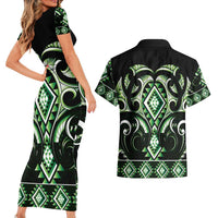 Green Ngaru Taniko With Aotearoa Maori Tattoo Couples Matching Short Sleeve Bodycon Dress and Hawaiian Shirt LT14 - Polynesian Pride