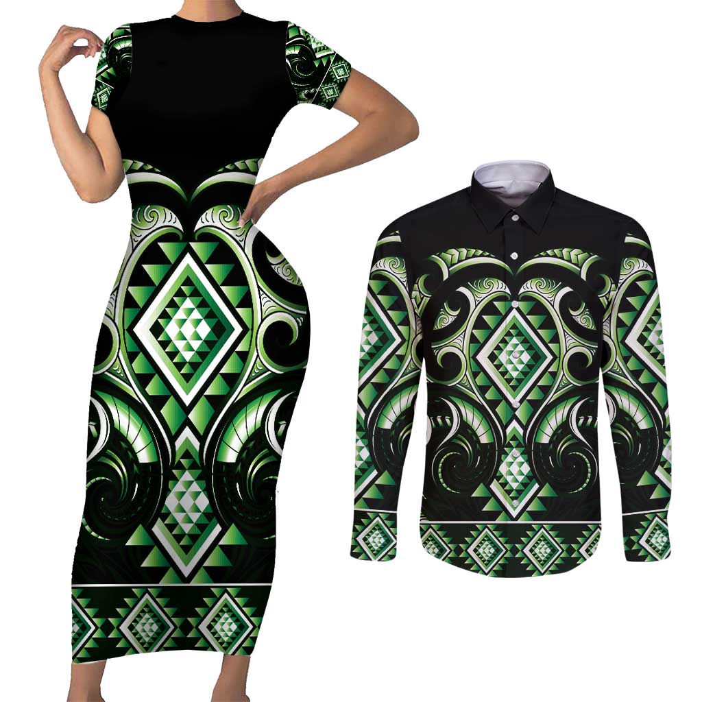 Green Ngaru Taniko With Aotearoa Maori Tattoo Couples Matching Short Sleeve Bodycon Dress and Long Sleeve Button Shirt LT14 Green - Polynesian Pride