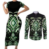 Green Ngaru Taniko With Aotearoa Maori Tattoo Couples Matching Short Sleeve Bodycon Dress and Long Sleeve Button Shirt LT14 Green - Polynesian Pride