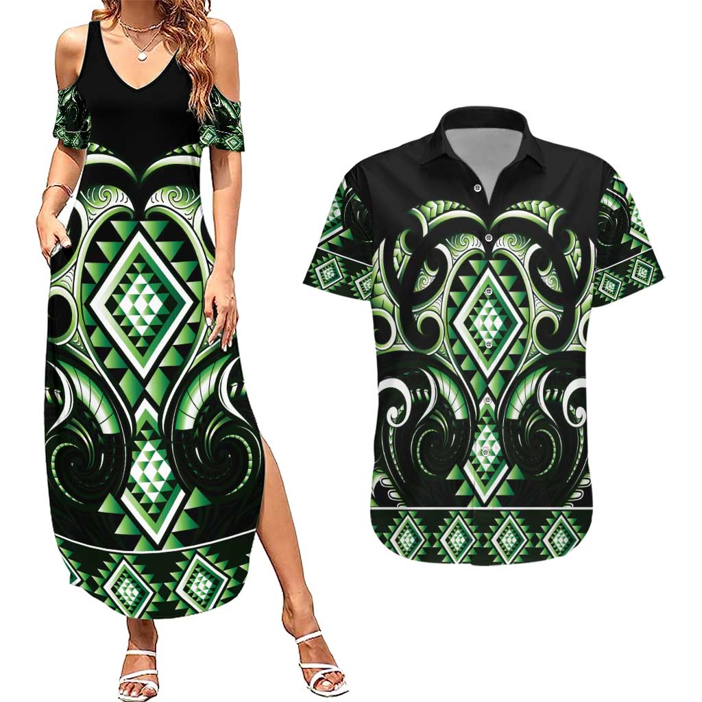 Green Ngaru Taniko With Aotearoa Maori Tattoo Couples Matching Summer Maxi Dress and Hawaiian Shirt LT14 Green - Polynesian Pride