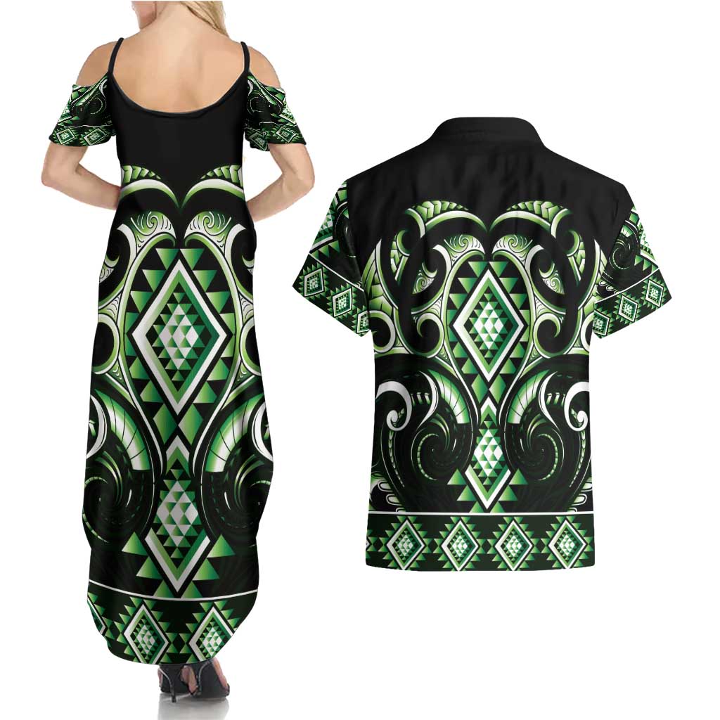 Green Ngaru Taniko With Aotearoa Maori Tattoo Couples Matching Summer Maxi Dress and Hawaiian Shirt LT14 - Polynesian Pride