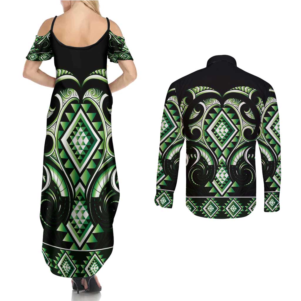 Green Ngaru Taniko With Aotearoa Maori Tattoo Couples Matching Summer Maxi Dress and Long Sleeve Button Shirt LT14 - Polynesian Pride