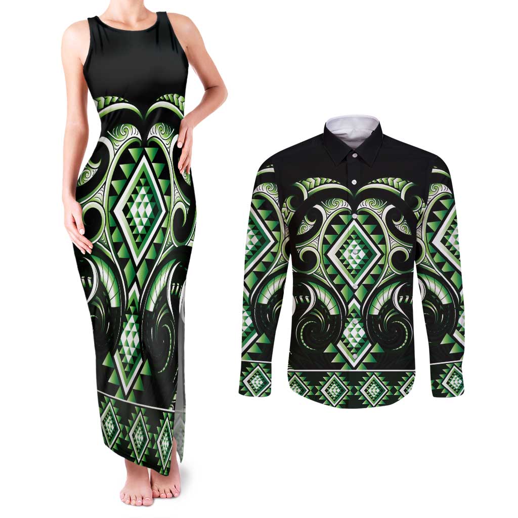 Green Ngaru Taniko With Aotearoa Maori Tattoo Couples Matching Tank Maxi Dress and Long Sleeve Button Shirt LT14 Green - Polynesian Pride