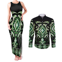 Green Ngaru Taniko With Aotearoa Maori Tattoo Couples Matching Tank Maxi Dress and Long Sleeve Button Shirt LT14 Green - Polynesian Pride