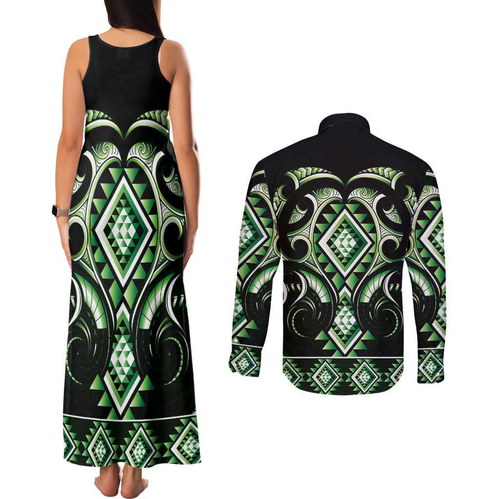 Green Ngaru Taniko With Aotearoa Maori Tattoo Couples Matching Tank Maxi Dress and Long Sleeve Button Shirt LT14 - Polynesian Pride