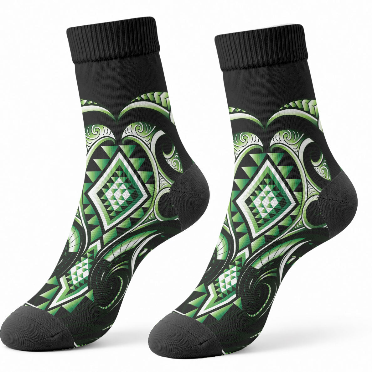Green Ngaru Taniko With Aotearoa Maori Tattoo Crew Socks LT14 - Polynesian Pride