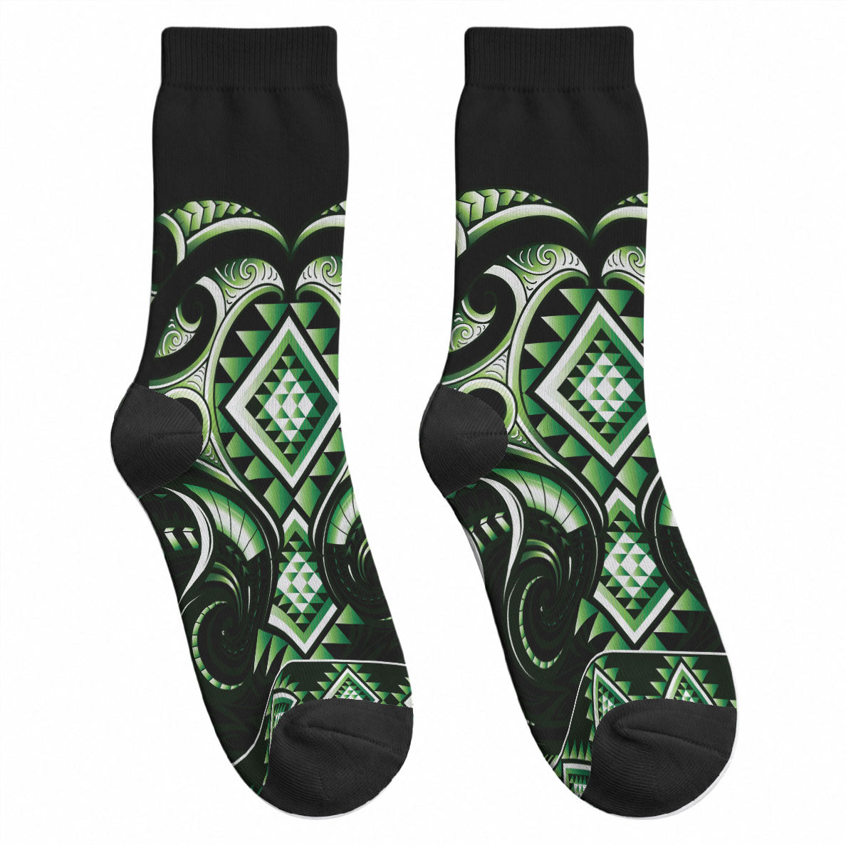 Green Ngaru Taniko With Aotearoa Maori Tattoo Crew Socks LT14 - Polynesian Pride