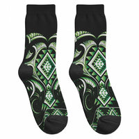 Green Ngaru Taniko With Aotearoa Maori Tattoo Crew Socks LT14 - Polynesian Pride