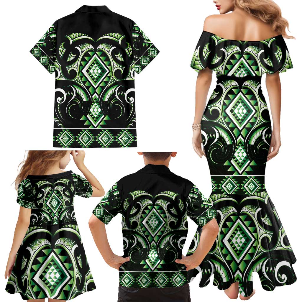 Green Ngaru Taniko With Aotearoa Maori Tattoo Family Matching Mermaid Dress and Hawaiian Shirt LT14 - Polynesian Pride