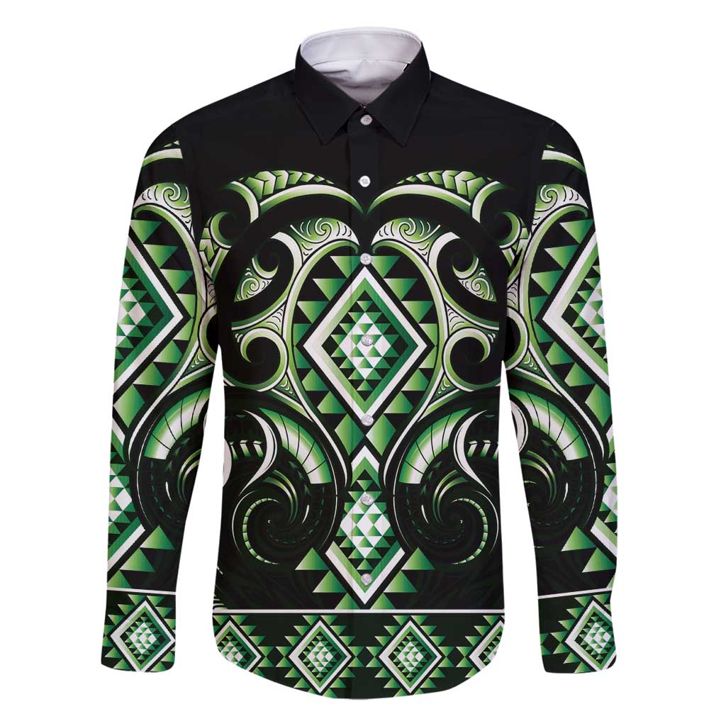 Green Ngaru Taniko With Aotearoa Maori Tattoo Family Matching Mermaid Dress and Hawaiian Shirt LT14 Dad's Shirt - Long Sleeve Green - Polynesian Pride