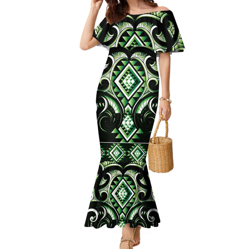 Green Ngaru Taniko With Aotearoa Maori Tattoo Family Matching Mermaid Dress and Hawaiian Shirt LT14 Mom's Dress Green - Polynesian Pride