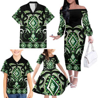 Green Ngaru Taniko With Aotearoa Maori Tattoo Family Matching Off The Shoulder Long Sleeve Dress and Hawaiian Shirt LT14 - Polynesian Pride