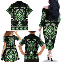 Green Ngaru Taniko With Aotearoa Maori Tattoo Family Matching Off The Shoulder Long Sleeve Dress and Hawaiian Shirt LT14 - Polynesian Pride