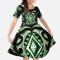 Green Ngaru Taniko With Aotearoa Maori Tattoo Family Matching Off Shoulder Maxi Dress and Hawaiian Shirt LT14 Daughter's Dress Green - Polynesian Pride