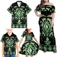 Green Ngaru Taniko With Aotearoa Maori Tattoo Family Matching Off Shoulder Maxi Dress and Hawaiian Shirt LT14 - Polynesian Pride