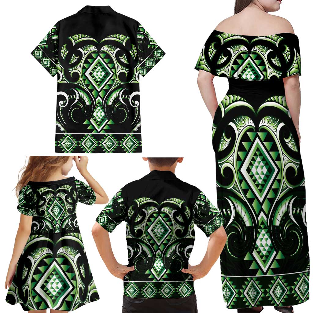 Green Ngaru Taniko With Aotearoa Maori Tattoo Family Matching Off Shoulder Maxi Dress and Hawaiian Shirt LT14 - Polynesian Pride