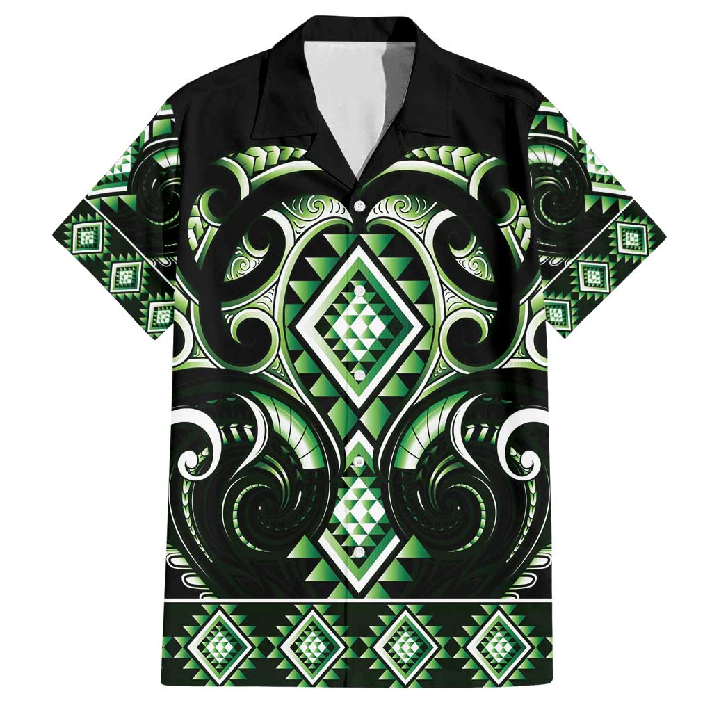 Green Ngaru Taniko With Aotearoa Maori Tattoo Family Matching Off Shoulder Maxi Dress and Hawaiian Shirt LT14 Dad's Shirt - Short Sleeve Green - Polynesian Pride