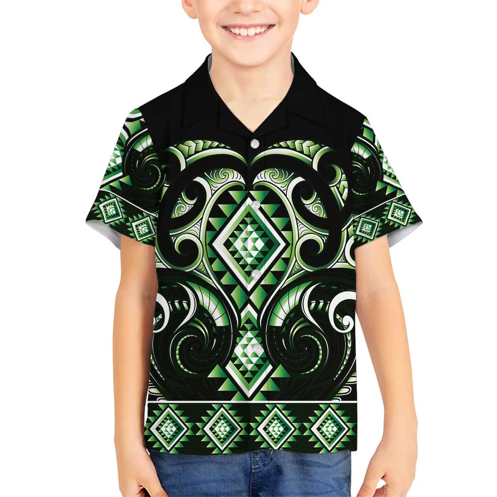 Green Ngaru Taniko With Aotearoa Maori Tattoo Family Matching Off Shoulder Short Dress and Hawaiian Shirt LT14 Son's Shirt Green - Polynesian Pride