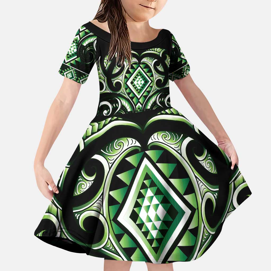Green Ngaru Taniko With Aotearoa Maori Tattoo Family Matching Puletasi and Hawaiian Shirt LT14 Daughter's Dress Green - Polynesian Pride