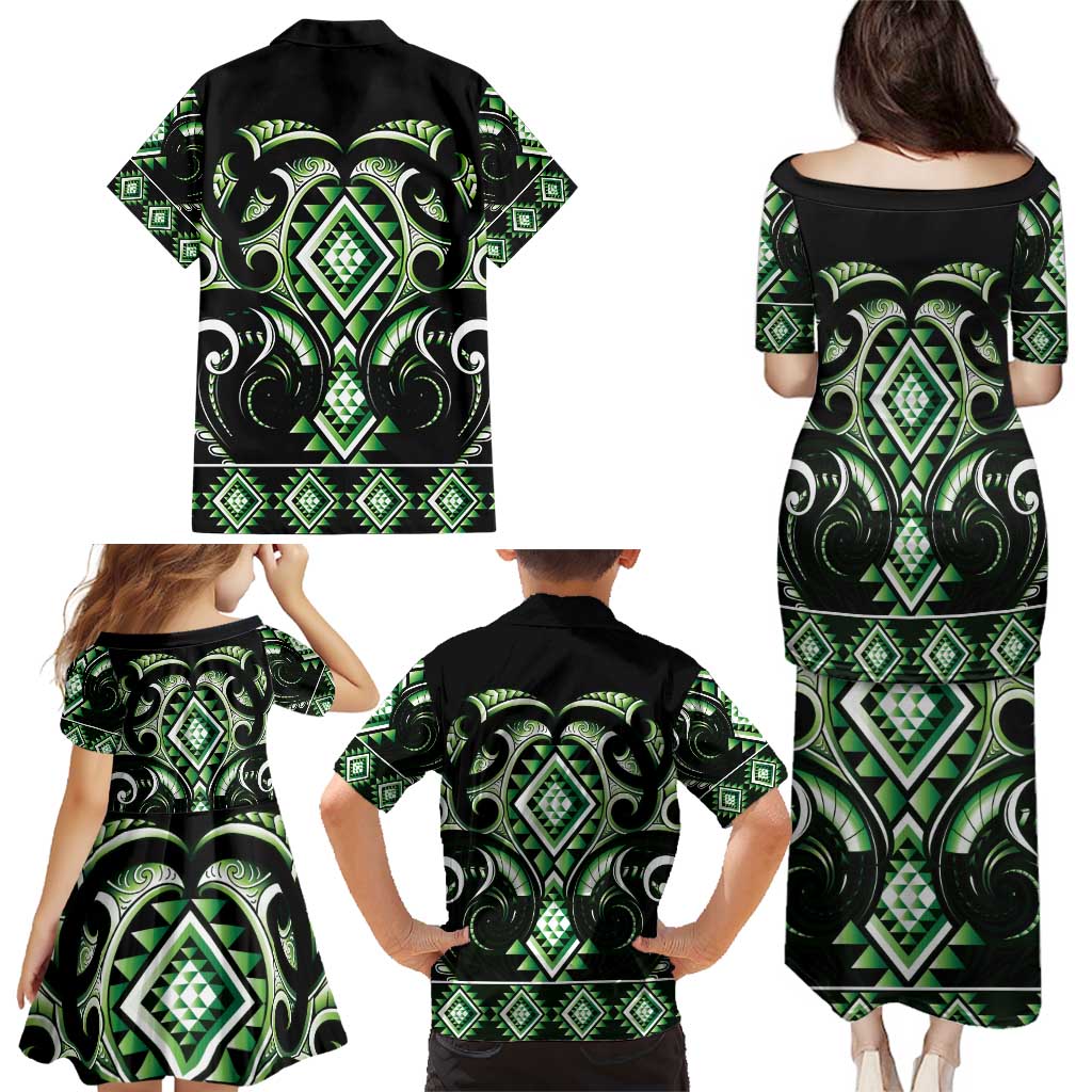 Green Ngaru Taniko With Aotearoa Maori Tattoo Family Matching Puletasi and Hawaiian Shirt LT14 - Polynesian Pride