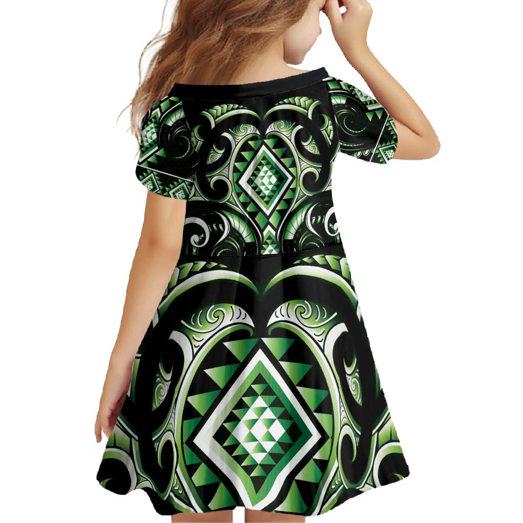 Green Ngaru Taniko With Aotearoa Maori Tattoo Family Matching Short Sleeve Bodycon Dress and Hawaiian Shirt LT14 - Polynesian Pride