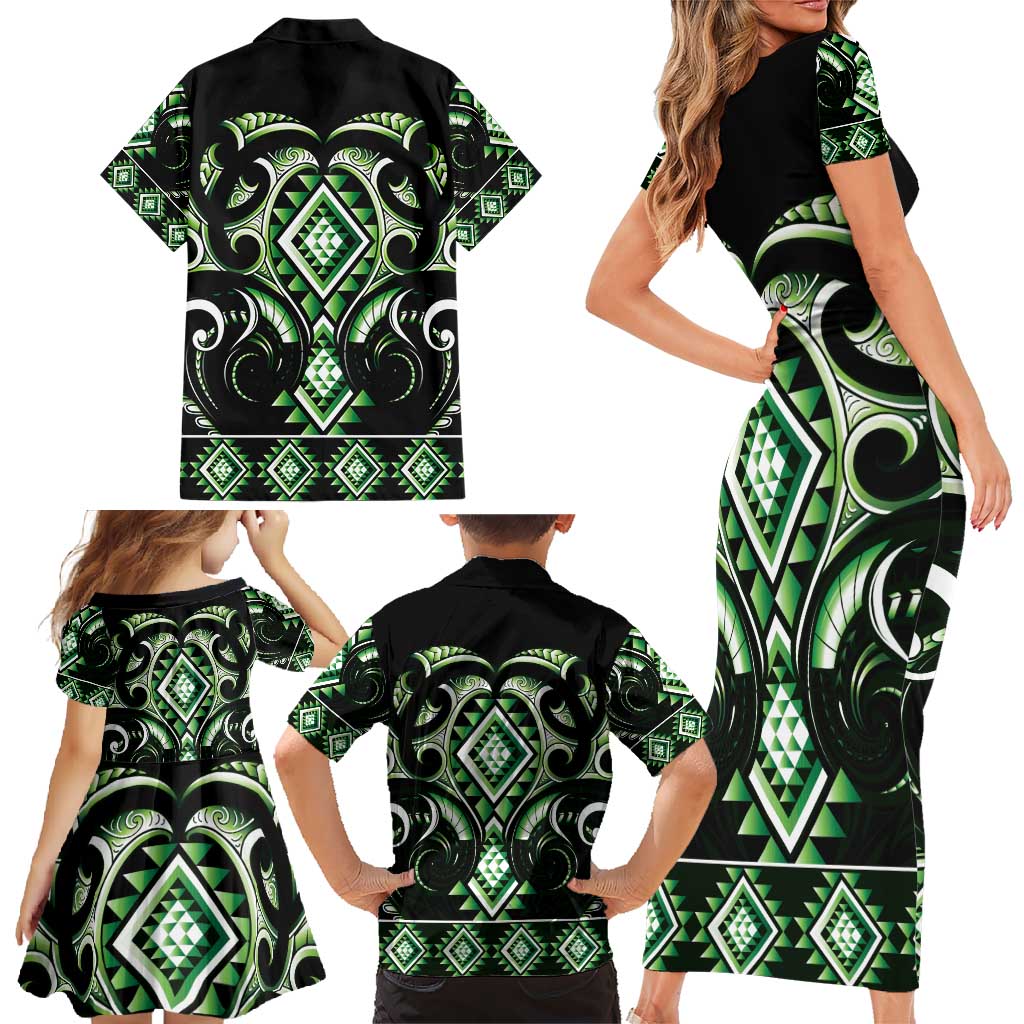 Green Ngaru Taniko With Aotearoa Maori Tattoo Family Matching Short Sleeve Bodycon Dress and Hawaiian Shirt LT14 - Polynesian Pride