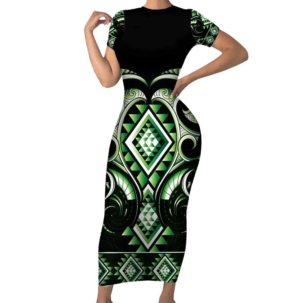 Green Ngaru Taniko With Aotearoa Maori Tattoo Family Matching Short Sleeve Bodycon Dress and Hawaiian Shirt LT14 Mom's Dress Green - Polynesian Pride