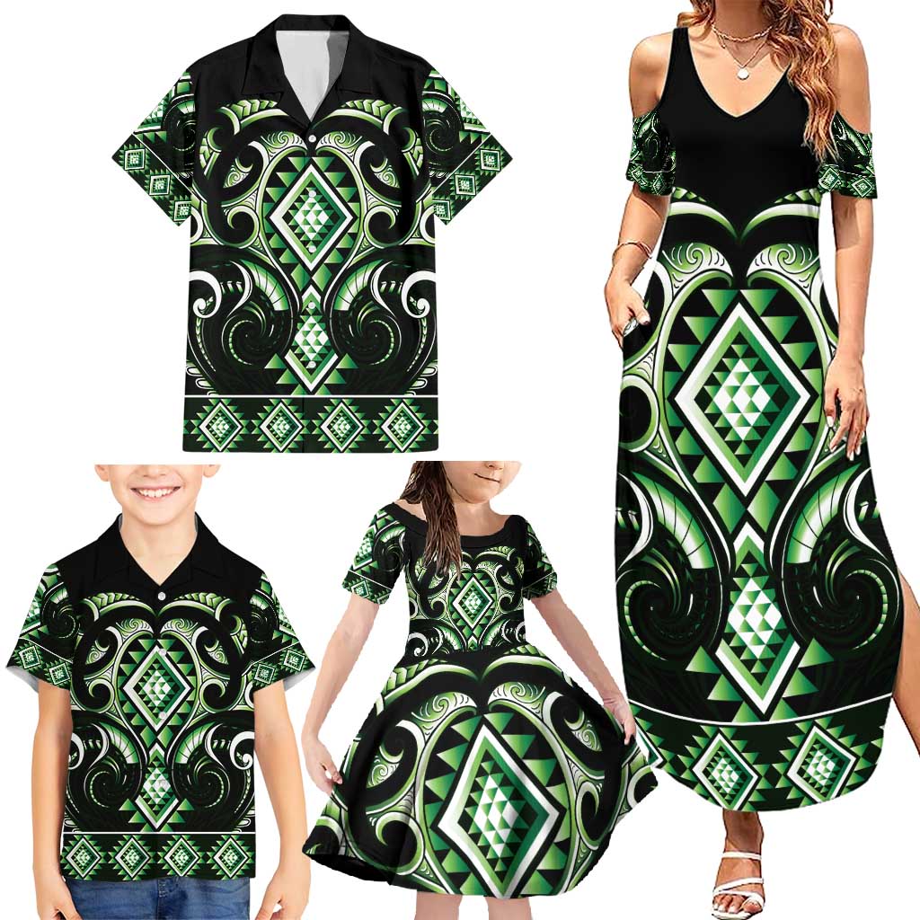 Green Ngaru Taniko With Aotearoa Maori Tattoo Family Matching Summer Maxi Dress and Hawaiian Shirt LT14 - Polynesian Pride