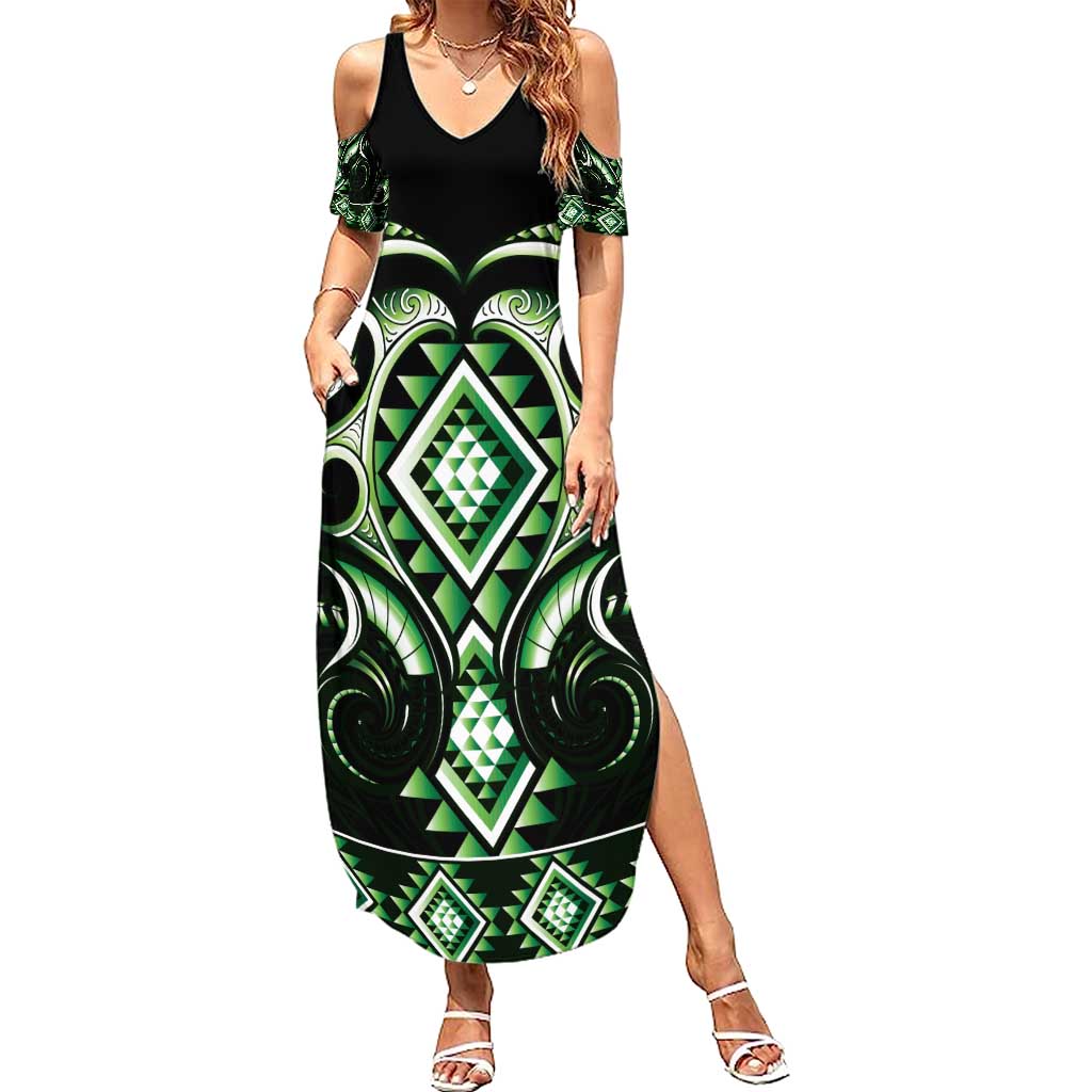 Green Ngaru Taniko With Aotearoa Maori Tattoo Family Matching Summer Maxi Dress and Hawaiian Shirt LT14 Mom's Dress Green - Polynesian Pride