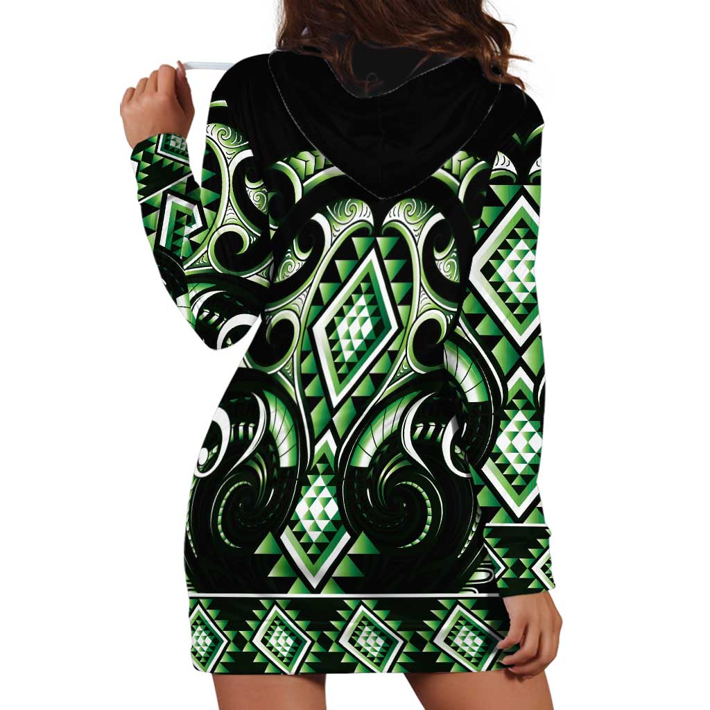 Green Ngaru Taniko With Aotearoa Maori Tattoo Hoodie Dress LT14 - Polynesian Pride