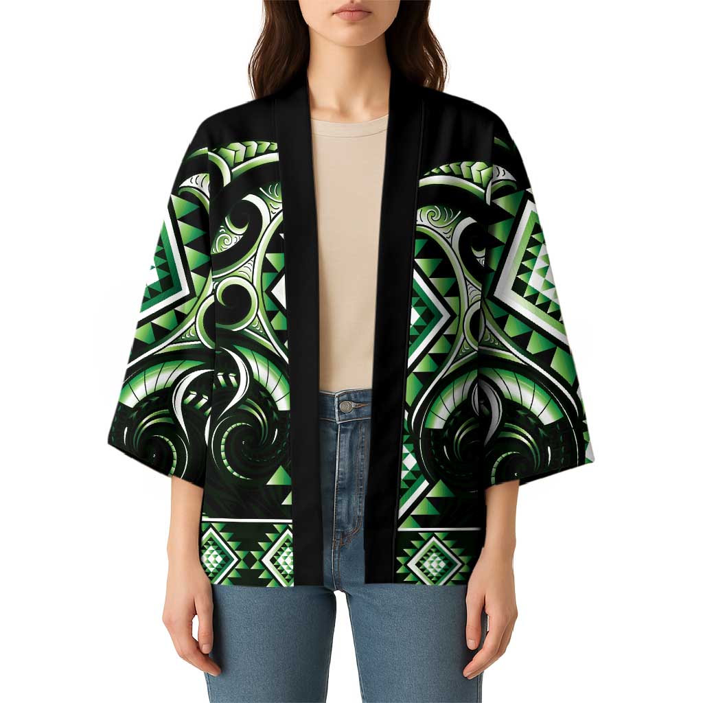 Green Ngaru Taniko With Aotearoa Maori Tattoo Kimono - Polynesian Pride