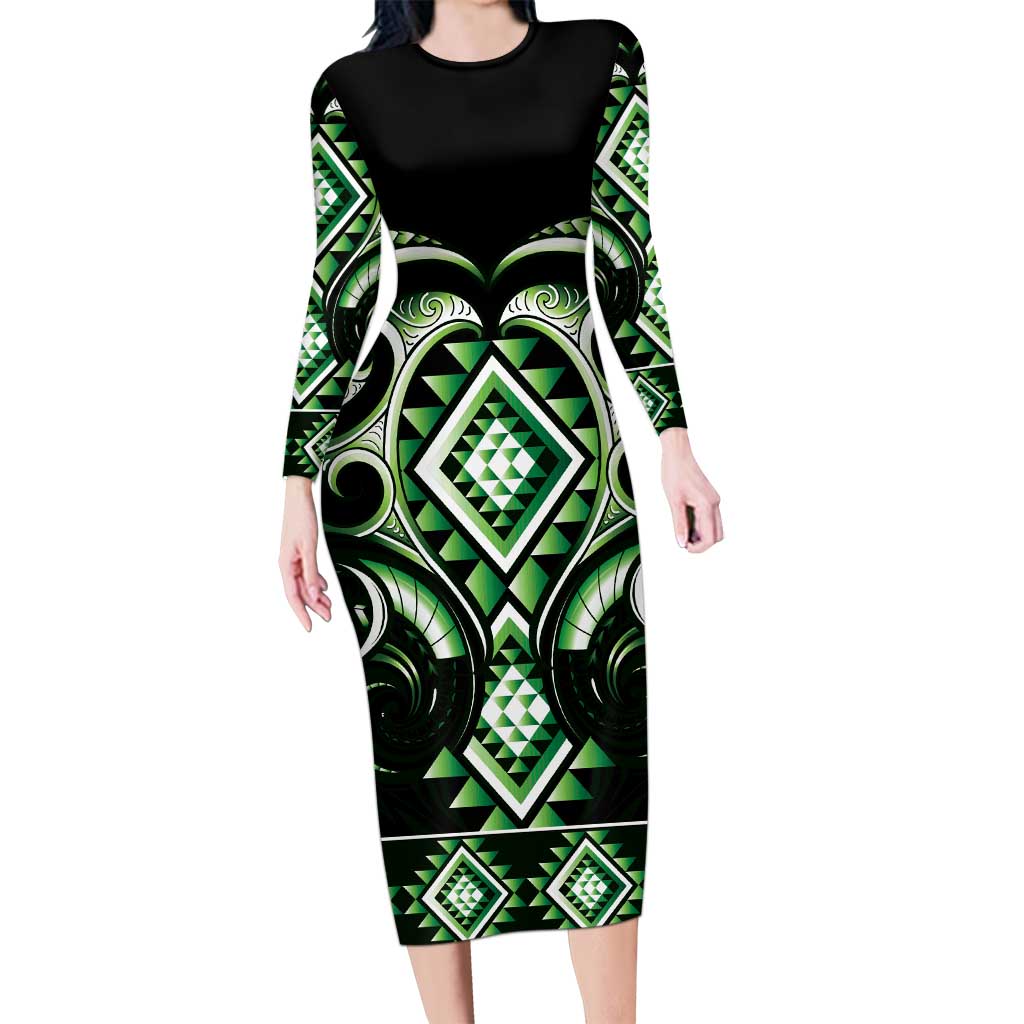 Green Ngaru Taniko With Aotearoa Maori Tattoo Long Sleeve Bodycon Dress LT14 Long Dress Green - Polynesian Pride