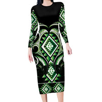Green Ngaru Taniko With Aotearoa Maori Tattoo Long Sleeve Bodycon Dress LT14 Long Dress Green - Polynesian Pride