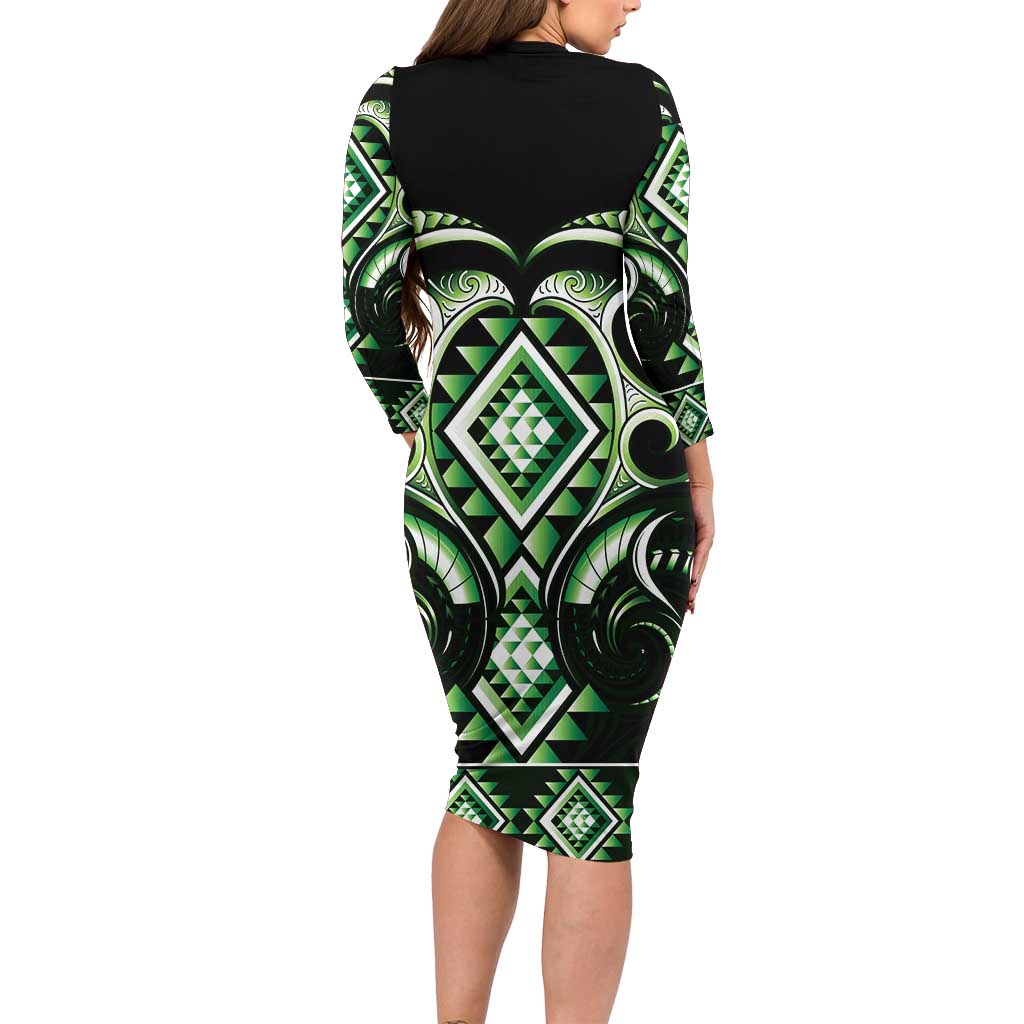 Green Ngaru Taniko With Aotearoa Maori Tattoo Long Sleeve Bodycon Dress LT14 - Polynesian Pride