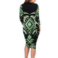Green Ngaru Taniko With Aotearoa Maori Tattoo Long Sleeve Bodycon Dress LT14 - Polynesian Pride