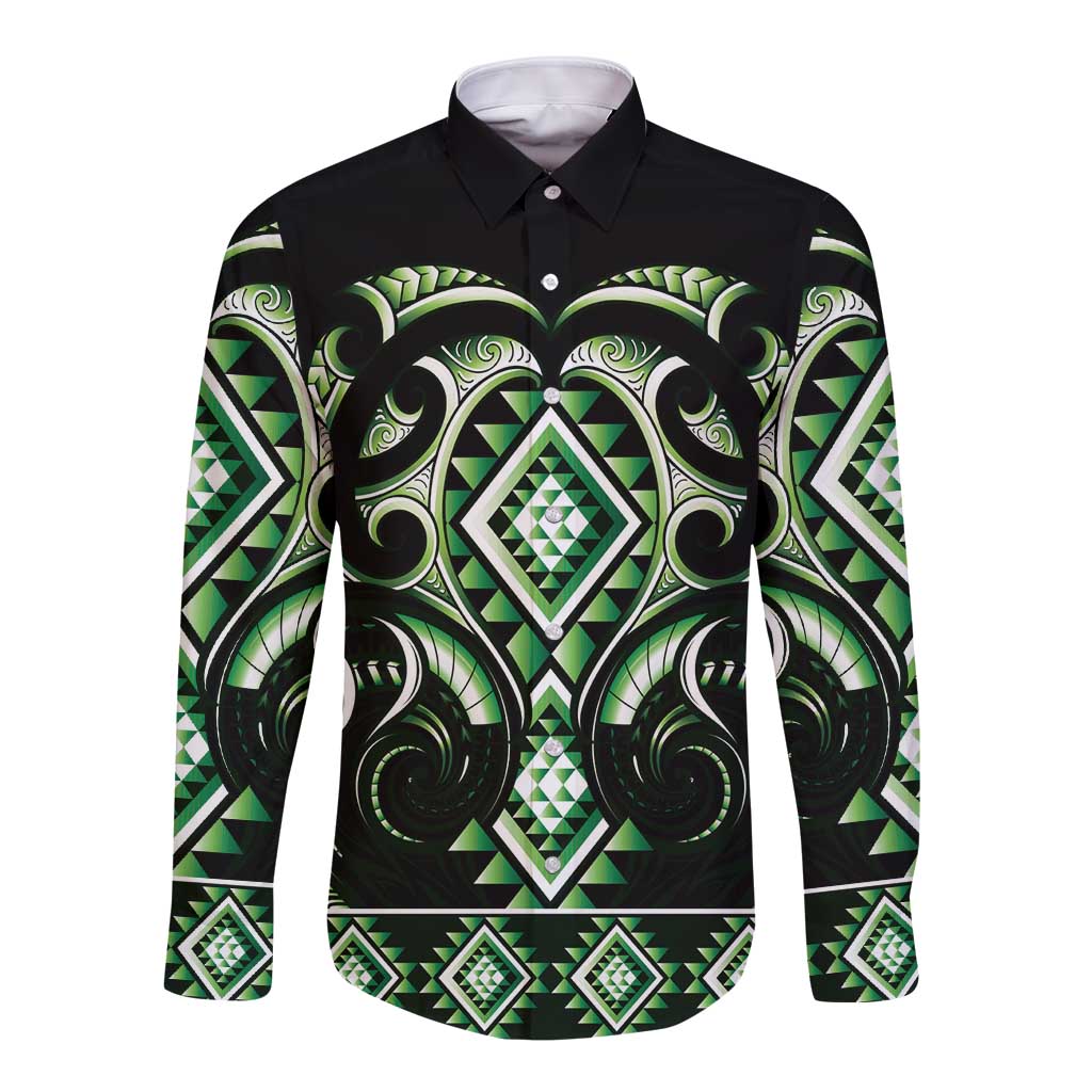 Green Ngaru Taniko With Aotearoa Maori Tattoo Long Sleeve Button Shirt