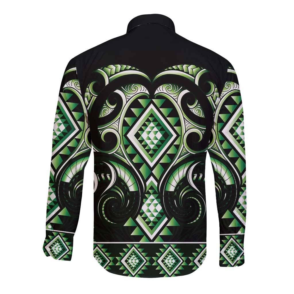 Green Ngaru Taniko With Aotearoa Maori Tattoo Long Sleeve Button Shirt