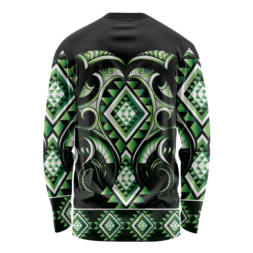 Green Ngaru Taniko With Aotearoa Maori Tattoo Long Sleeve Shirt