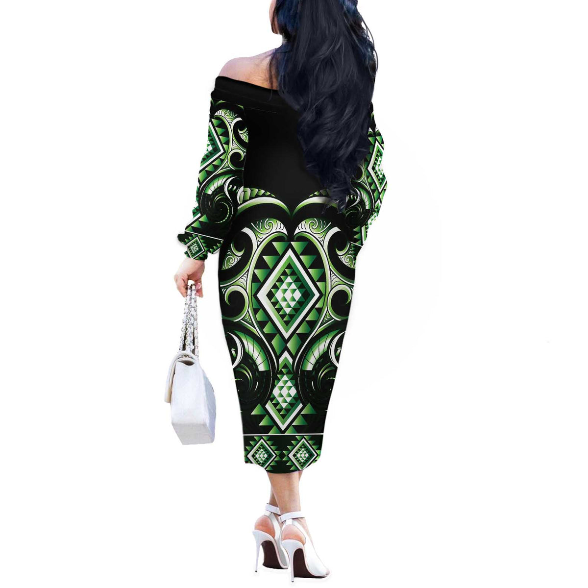 Green Ngaru Taniko With Aotearoa Maori Tattoo Off The Shoulder Long Sleeve Dress LT14 - Polynesian Pride