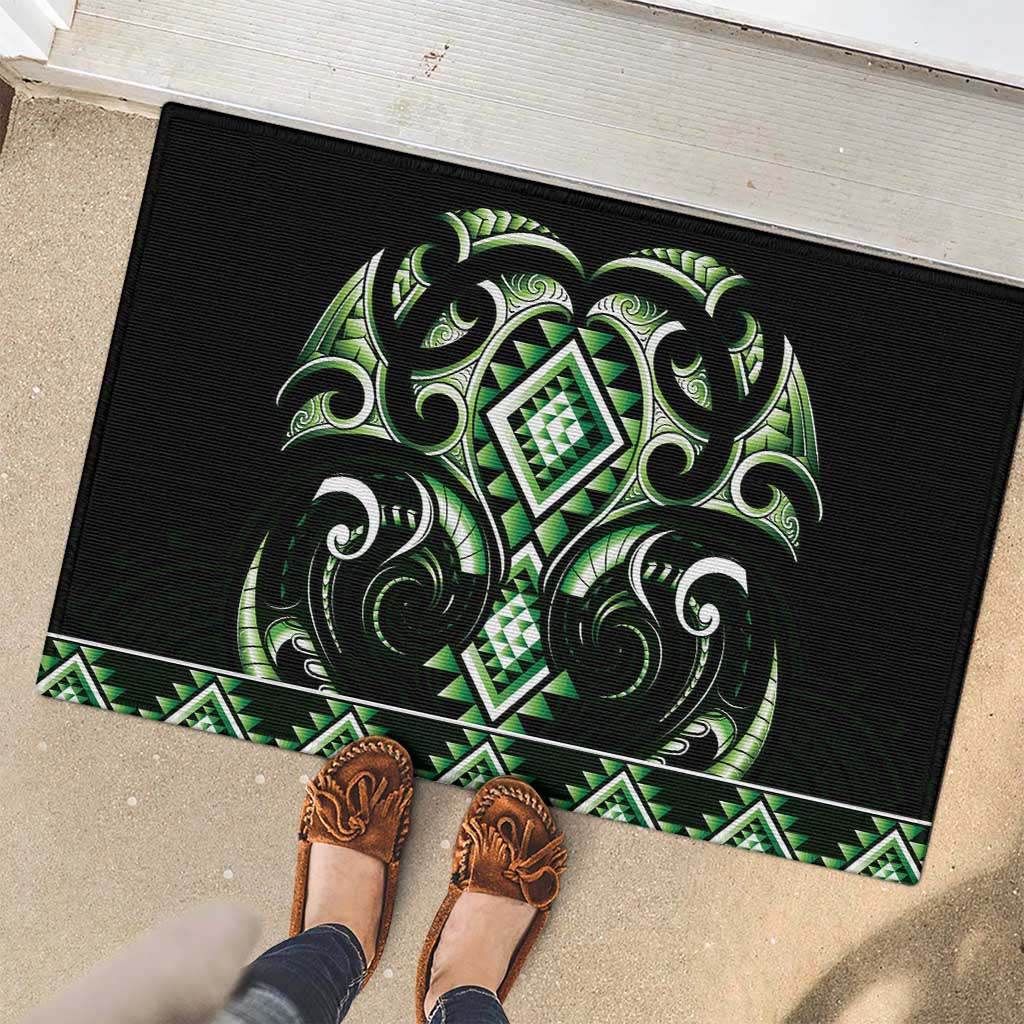 Green Ngaru Taniko With Aotearoa Maori Tattoo Rubber Doormat