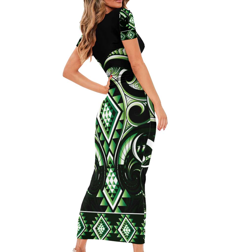 Green Ngaru Taniko With Aotearoa Maori Tattoo Short Sleeve Bodycon Dress LT14 - Polynesian Pride