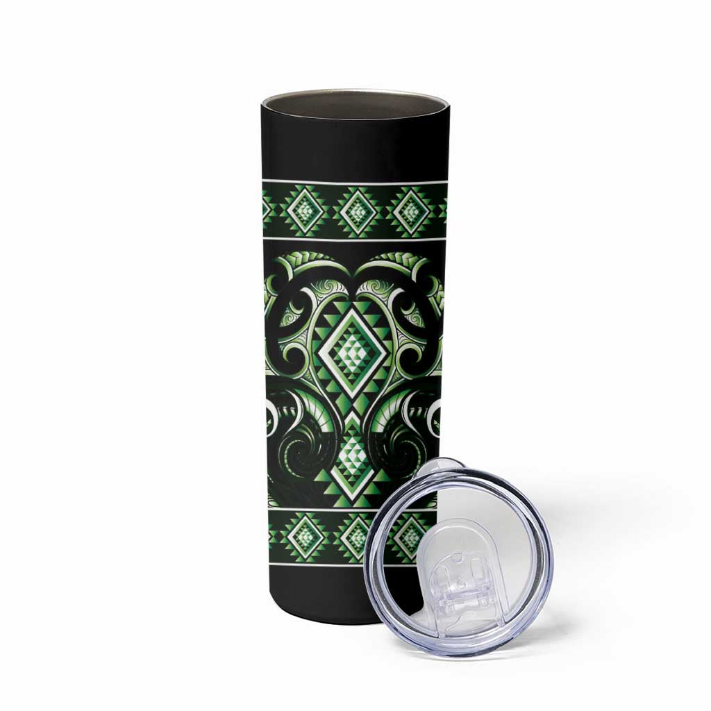 Green Ngaru Taniko With Aotearoa Maori Tattoo Skinny Tumbler LT14 - Polynesian Pride