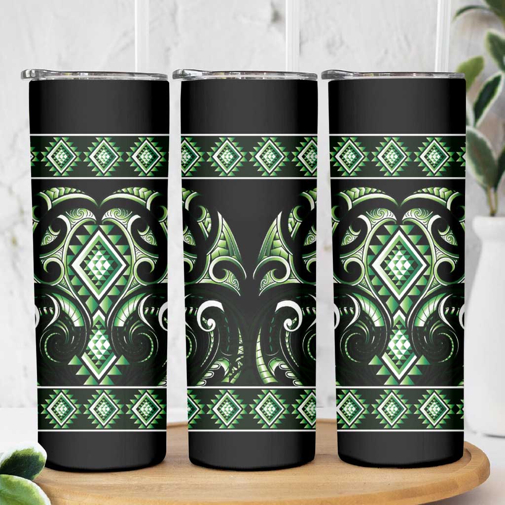 Green Ngaru Taniko With Aotearoa Maori Tattoo Skinny Tumbler LT14 - Polynesian Pride