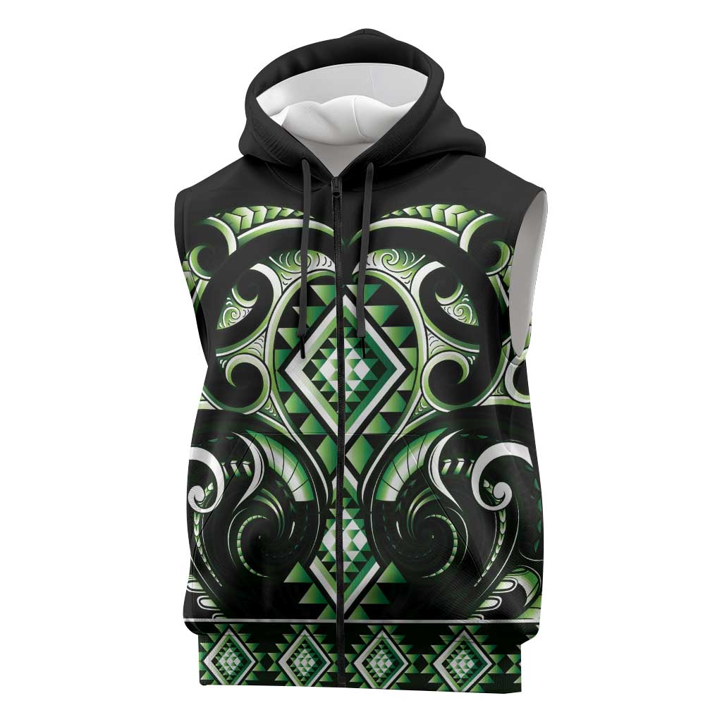 Green Ngaru Taniko With Aotearoa Maori Tattoo Sleeveless Zip Hoodie LT14 Green - Polynesian Pride