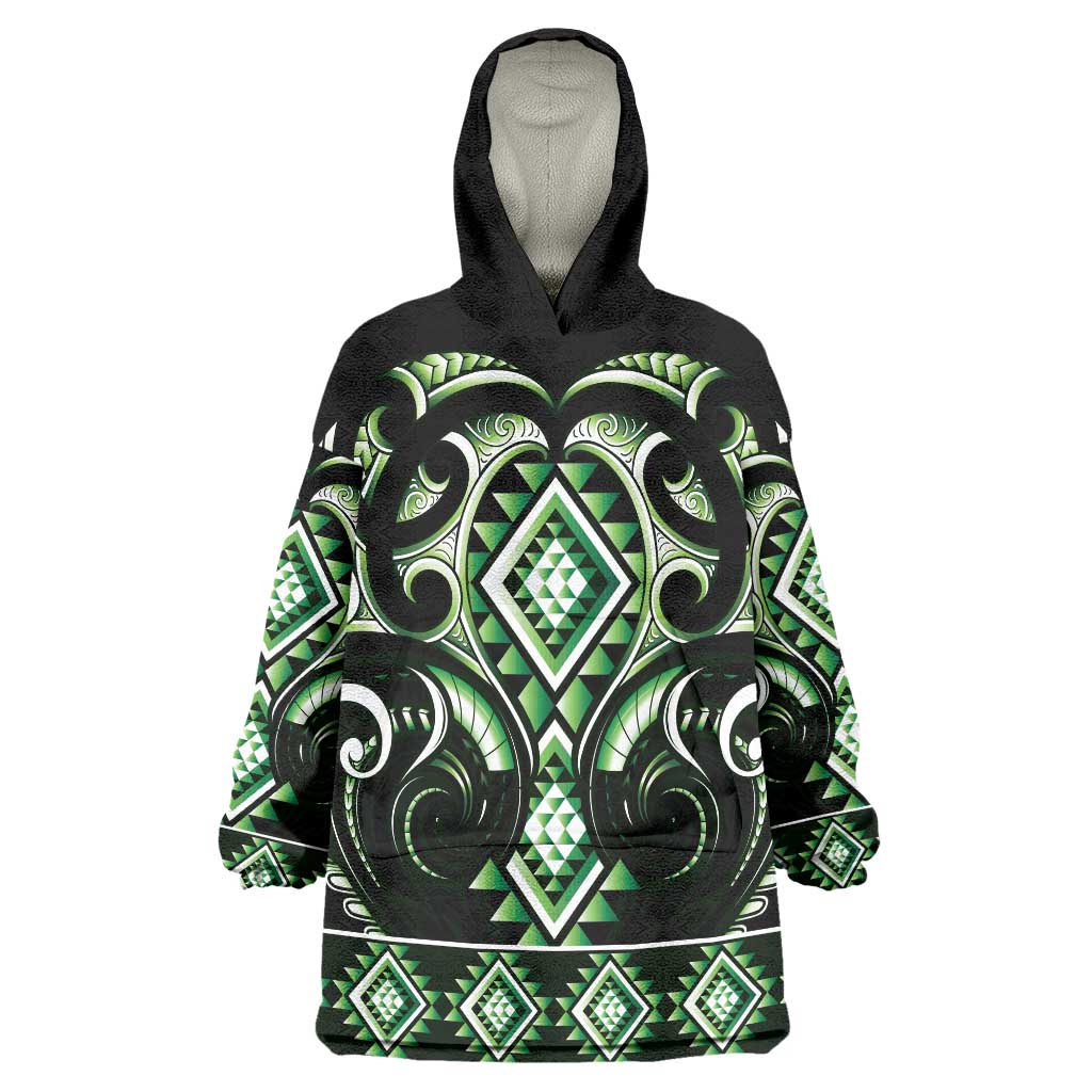 Green Ngaru Taniko With Aotearoa Maori Tattoo Wearable Blanket Hoodie LT14 One Size Green - Polynesian Pride