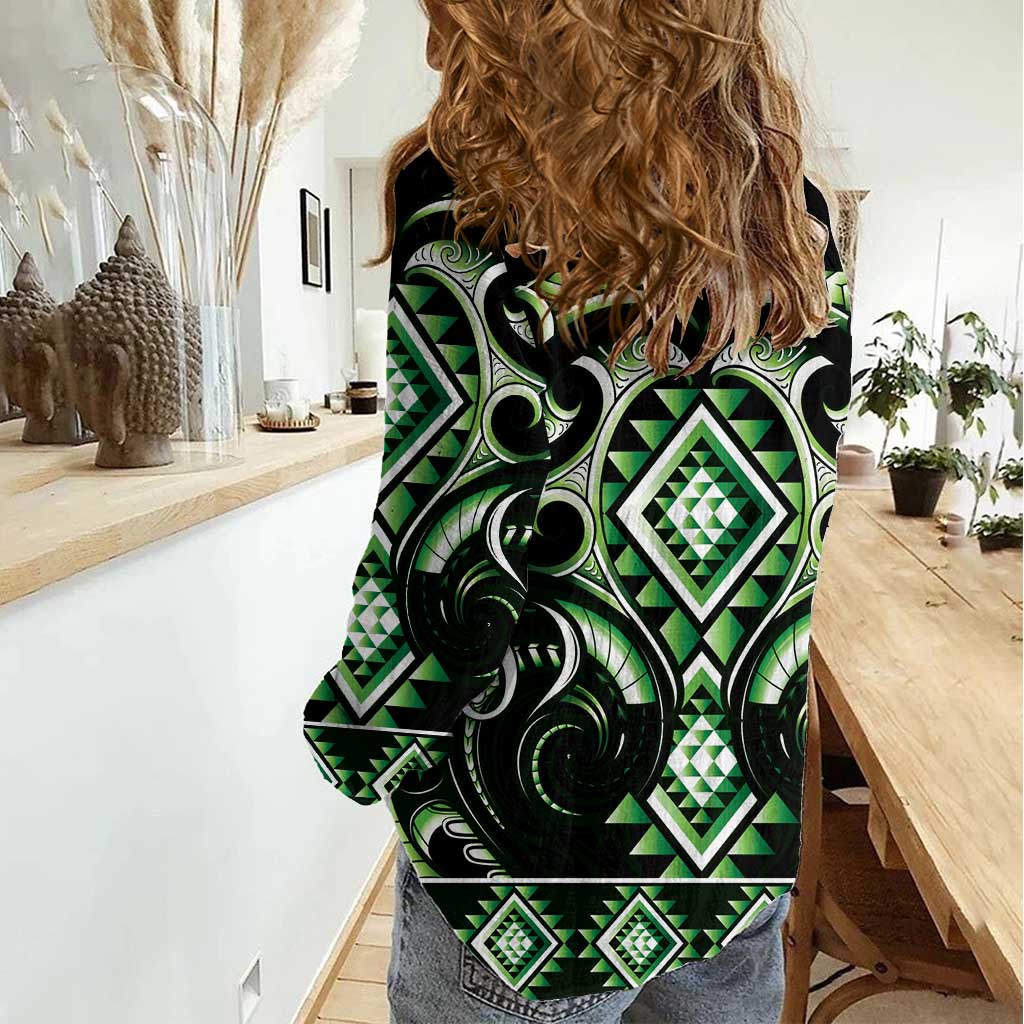 Green Ngaru Taniko With Aotearoa Maori Tattoo Women Casual Shirt LT14 - Polynesian Pride