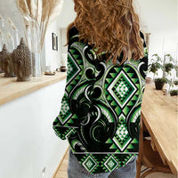 Green Ngaru Taniko With Aotearoa Maori Tattoo Women Casual Shirt LT14 - Polynesian Pride