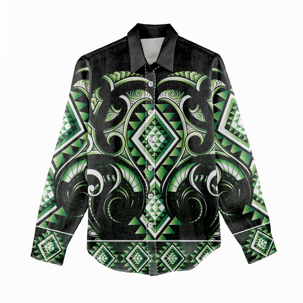 Green Ngaru Taniko With Aotearoa Maori Tattoo Women Casual Shirt LT14 - Polynesian Pride